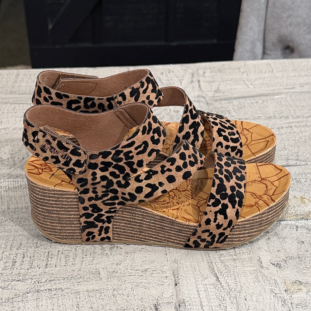 Leopard Print Wedge Sandals - Women